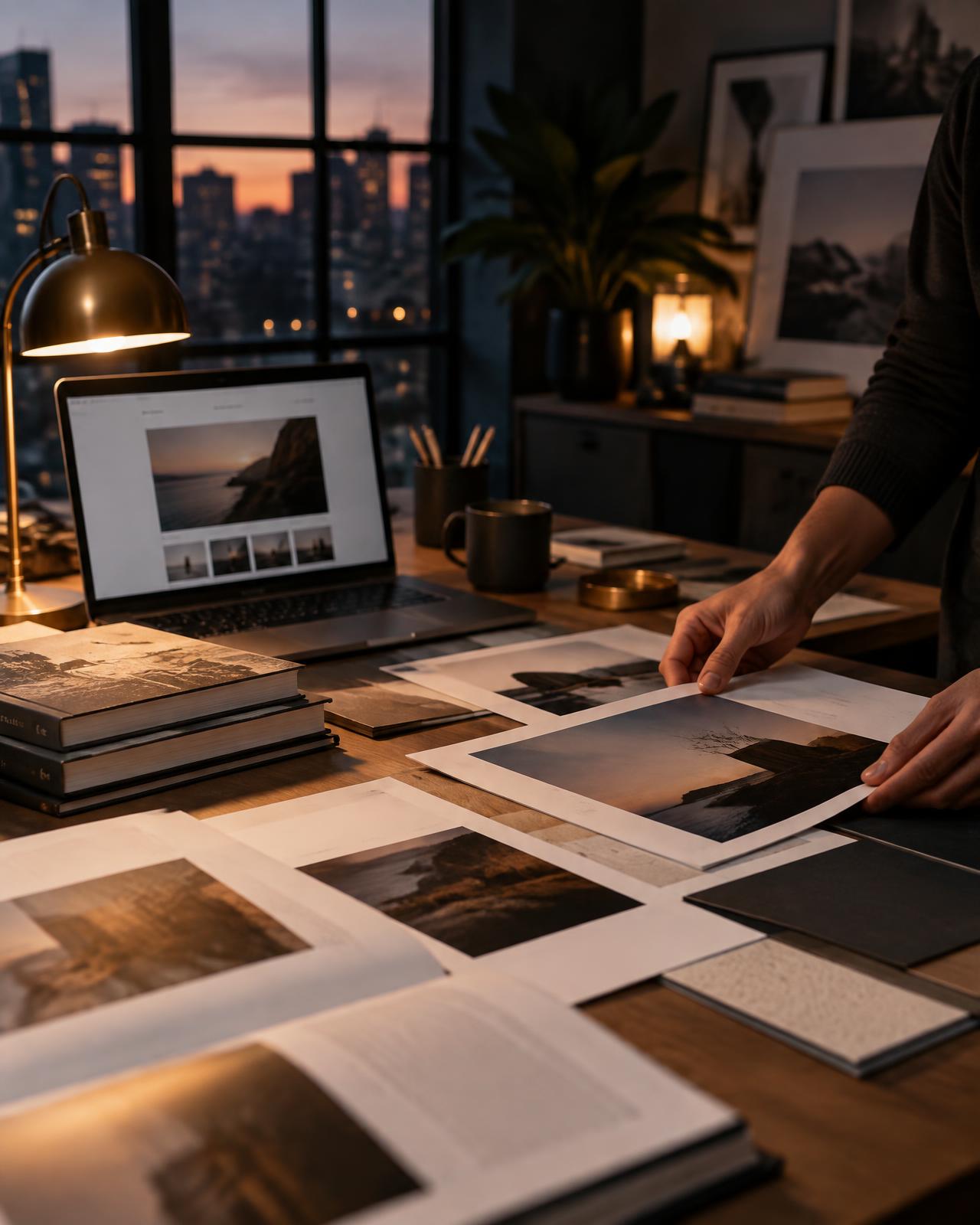 MAGNAVERSE studio table with books, printed layouts and a laptop under warm lamp light